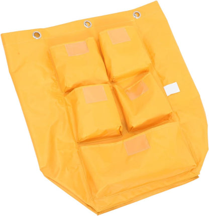 Heavy-Duty Waterproof Janitorial Cart Cleaning Bag with 5 Pockets, Yellow Fabric Housekeeping Trash Collecting Replacement Bag for Commercial Cleaning Carts