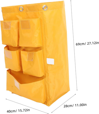 Heavy-Duty Waterproof Janitorial Cart Cleaning Bag with 5 Pockets, Yellow Fabric Housekeeping Trash Collecting Replacement Bag for Commercial Cleaning Carts