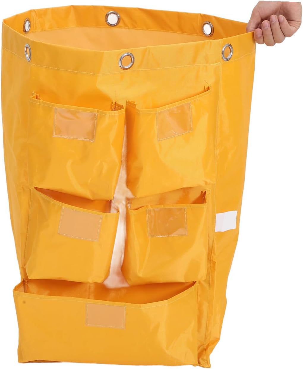 Heavy-Duty Waterproof Janitorial Cart Cleaning Bag with 5 Pockets, Yellow Fabric Housekeeping Trash Collecting Replacement Bag for Commercial Cleaning Carts