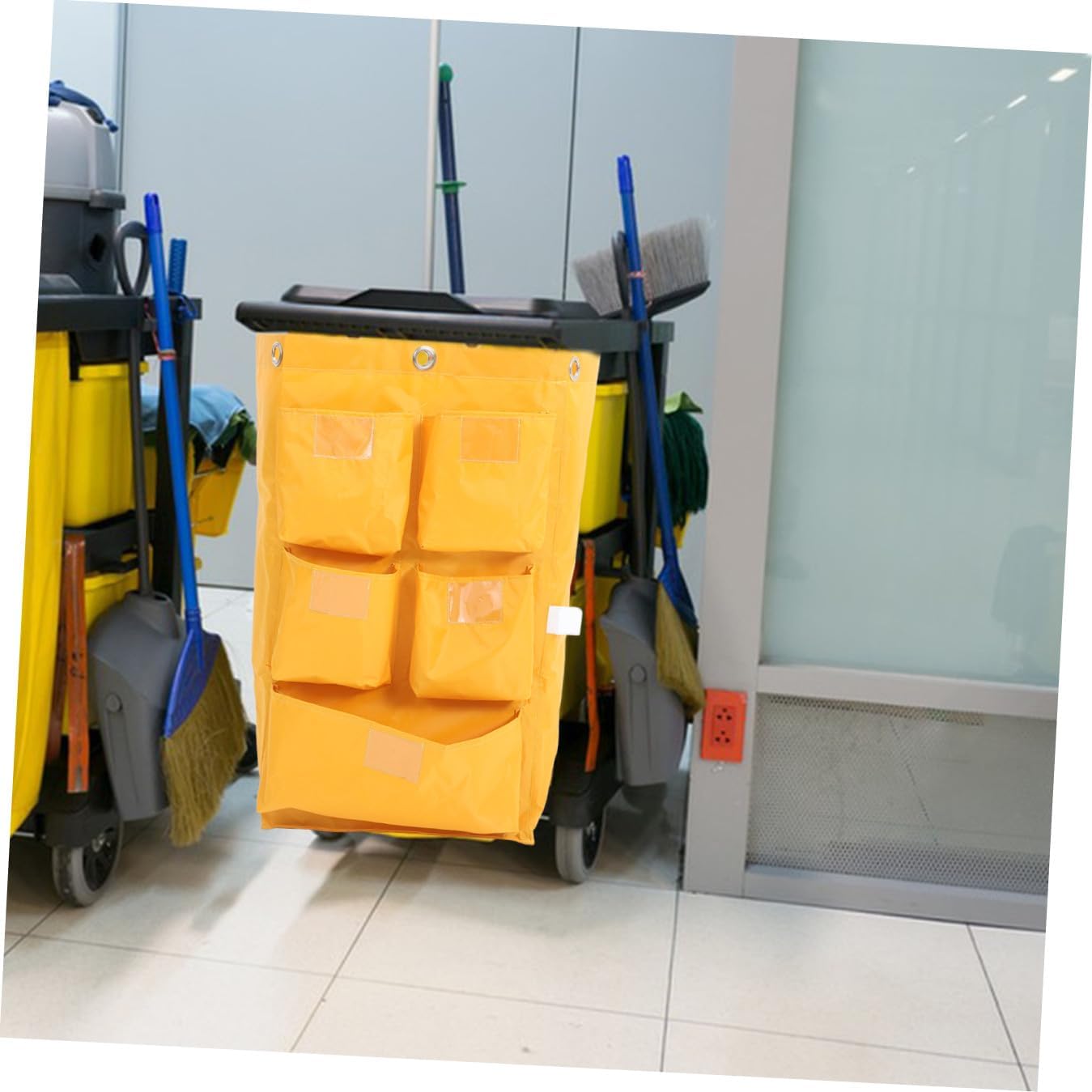 Heavy-Duty Waterproof Janitorial Cart Cleaning Bag with 5 Pockets, Yellow Fabric Housekeeping Trash Collecting Replacement Bag for Commercial Cleaning Carts