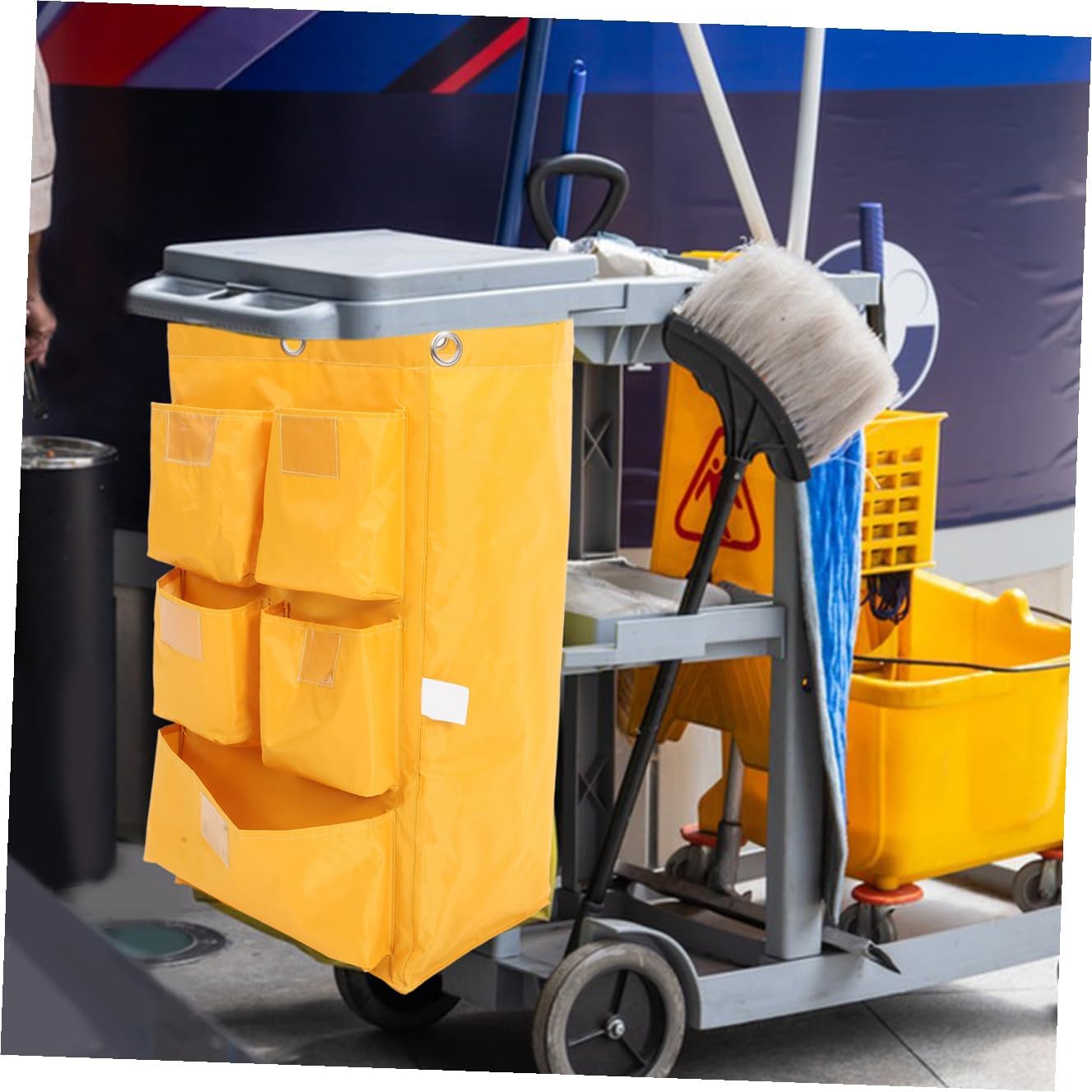 Heavy-Duty Waterproof Janitorial Cart Cleaning Bag with 5 Pockets, Yellow Fabric Housekeeping Trash Collecting Replacement Bag for Commercial Cleaning Carts