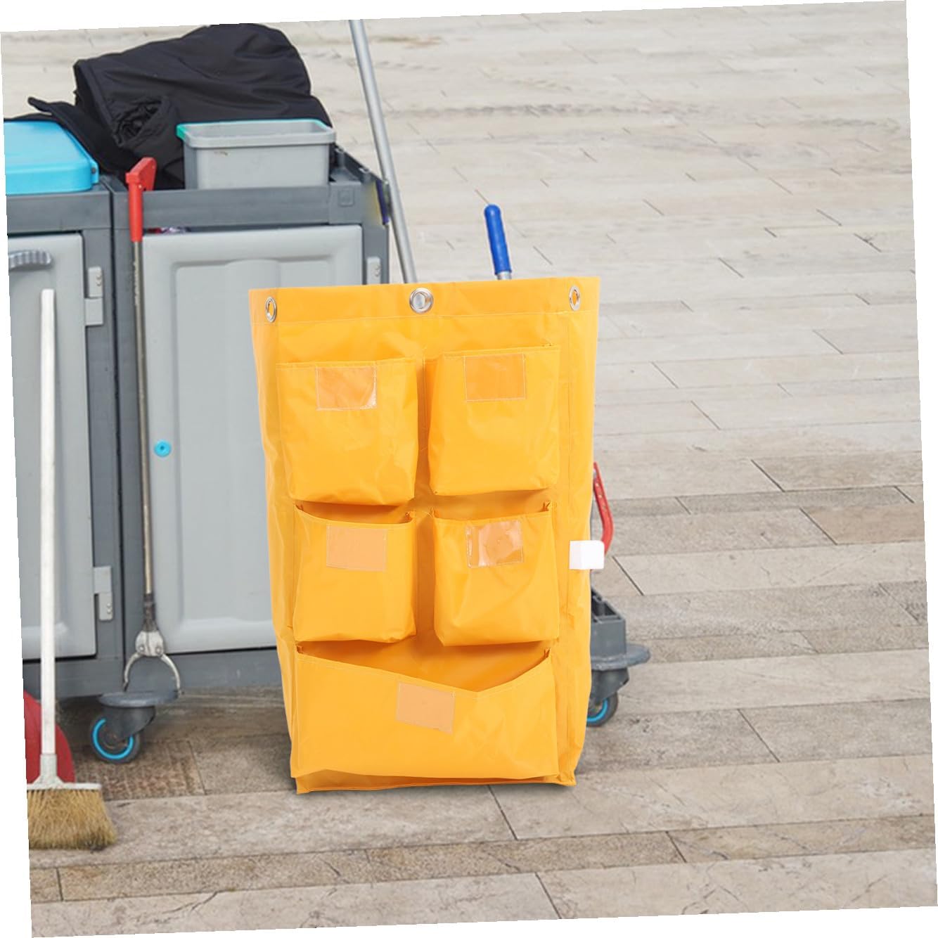 Heavy-Duty Waterproof Janitorial Cart Cleaning Bag with 5 Pockets, Yellow Fabric Housekeeping Trash Collecting Replacement Bag for Commercial Cleaning Carts