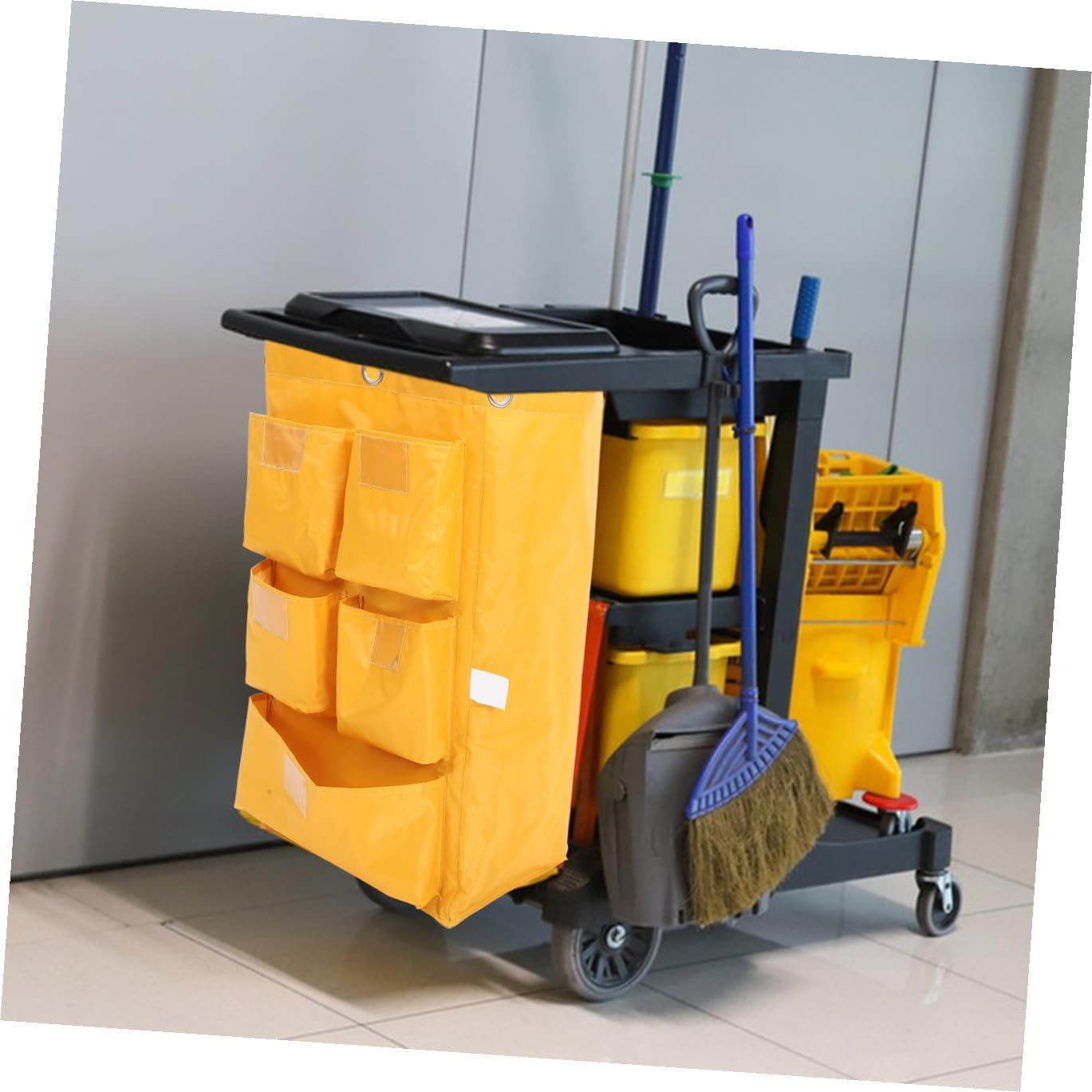 Heavy-Duty Waterproof Janitorial Cart Cleaning Bag with 5 Pockets, Yellow Fabric Housekeeping Trash Collecting Replacement Bag for Commercial Cleaning Carts