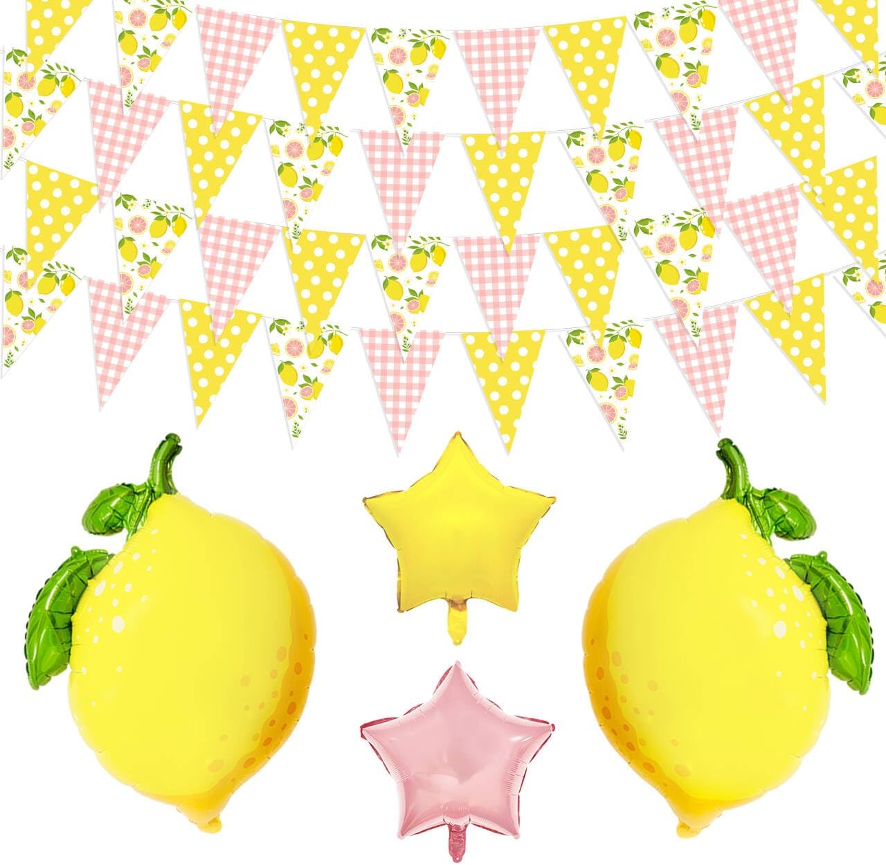 Pink and Yellow Lemon Triangle Banner Balloons Lemonade Bar Stand Supplies Amalfi Coast Hawaiian Luau Summer Birthday Party Decorations Baby Shower Freshly Graduated Lemon Themed Party Decor