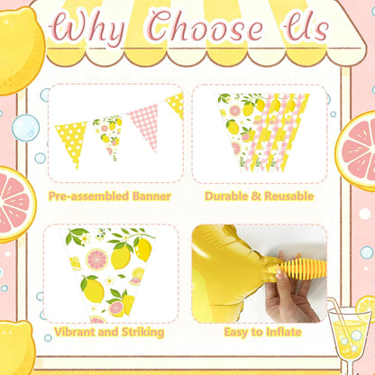Pink and Yellow Lemon Triangle Banner Balloons Lemonade Bar Stand Supplies Amalfi Coast Hawaiian Luau Summer Birthday Party Decorations Baby Shower Freshly Graduated Lemon Themed Party Decor