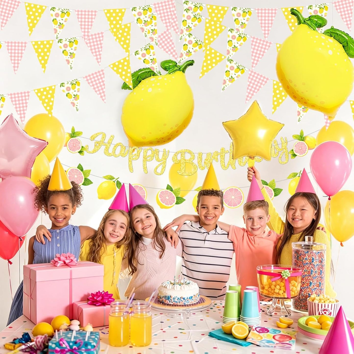 Pink and Yellow Lemon Triangle Banner Balloons Lemonade Bar Stand Supplies Amalfi Coast Hawaiian Luau Summer Birthday Party Decorations Baby Shower Freshly Graduated Lemon Themed Party Decor