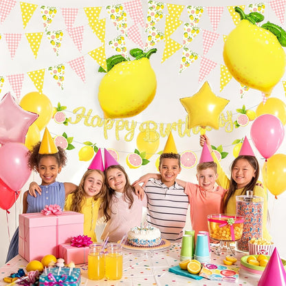Pink and Yellow Lemon Triangle Banner Balloons Lemonade Bar Stand Supplies Amalfi Coast Hawaiian Luau Summer Birthday Party Decorations Baby Shower Freshly Graduated Lemon Themed Party Decor