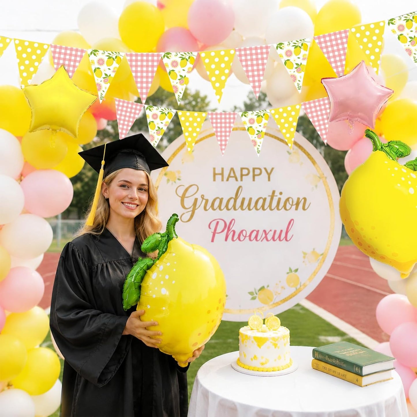 Pink and Yellow Lemon Triangle Banner Balloons Lemonade Bar Stand Supplies Amalfi Coast Hawaiian Luau Summer Birthday Party Decorations Baby Shower Freshly Graduated Lemon Themed Party Decor