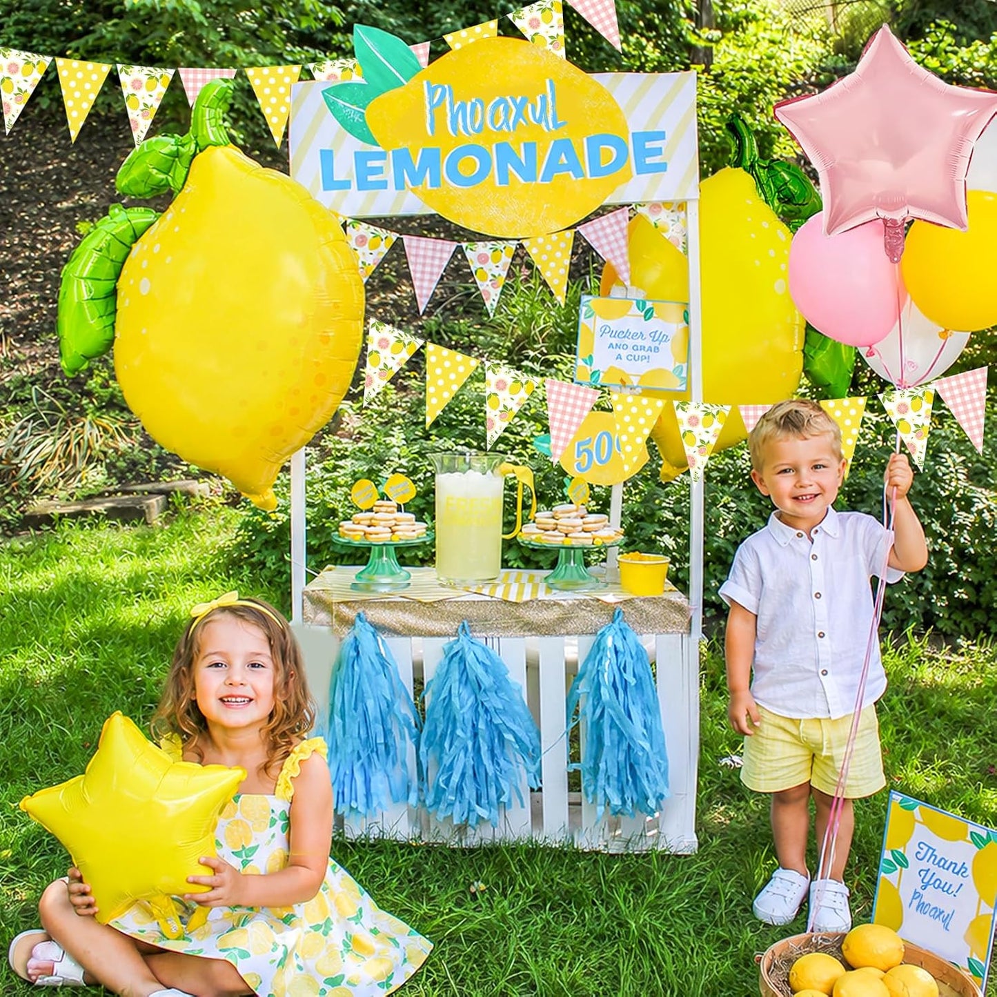 Pink and Yellow Lemon Triangle Banner Balloons Lemonade Bar Stand Supplies Amalfi Coast Hawaiian Luau Summer Birthday Party Decorations Baby Shower Freshly Graduated Lemon Themed Party Decor