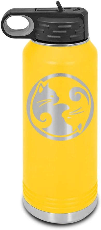 Yin Yang Cats Laser Engraved Water Bottle Customizable Polar Camel Stainless Steel with Straw - pet cat lover Yellow 32 oz