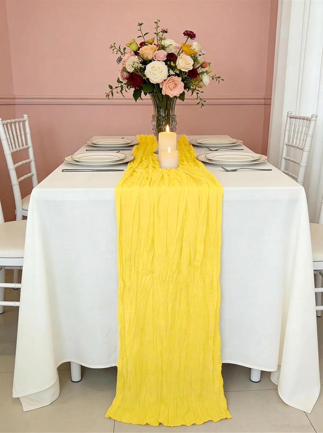 3 Pack Lemon Yellow Cheesecloth Table Runner -17×120 Inch Gauze 10 FT Long Cheese Cloth Table Runners for Bridal Wedding Party Baby Shower Holiday Birthday Home Easter Decor (Lemon Yellow, 3PC)