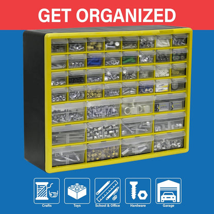44-Drawer Plastic Drawer Storage Cabinet for Garage Organization, Bead Organizer, Building Bricks Storage, Teacher Toolbox, Makeup Organizer, 20" W x 6" D x 16" H, 10144 Yellow