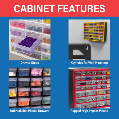 44-Drawer Plastic Drawer Storage Cabinet for Garage Organization, Bead Organizer, Building Bricks Storage, Teacher Toolbox, Makeup Organizer, 20" W x 6" D x 16" H, 10144 Yellow