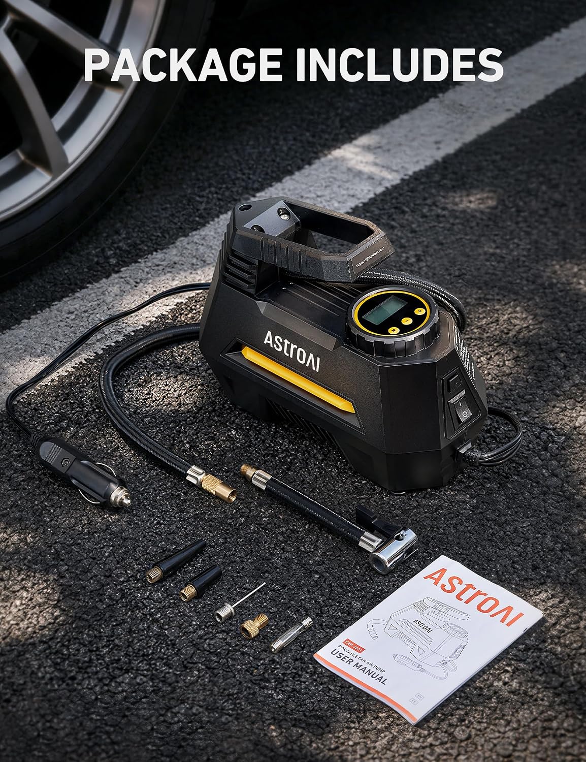AIRUN H Tire Inflator Portable Air Compressor,9.8Ft Cord-12VDC-Powered Auto Shut-Off,Fast Inflation Electric Air Pump for Car Tires-Car Accessories with Digital Pressure Gauge,LED Light,Yellow