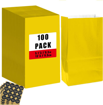 100 Pcs Bright YellowTreat Paper Bags with 100 Stickers 5.1"x3.1"x9.4" Small Party Gift Bag Snack Bag without Handle