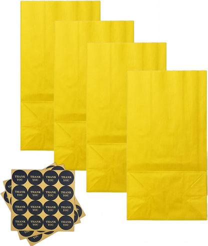 100 Pcs Bright YellowTreat Paper Bags with 100 Stickers 5.1"x3.1"x9.4" Small Party Gift Bag Snack Bag without Handle