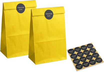 100 Pcs Bright YellowTreat Paper Bags with 100 Stickers 5.1"x3.1"x9.4" Small Party Gift Bag Snack Bag without Handle