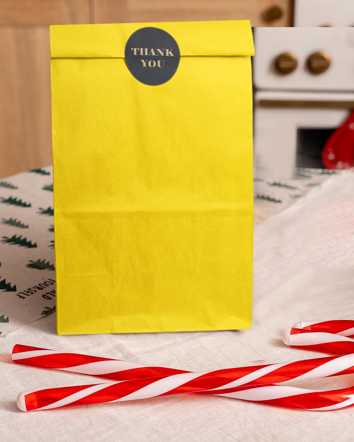 100 Pcs Bright YellowTreat Paper Bags with 100 Stickers 5.1"x3.1"x9.4" Small Party Gift Bag Snack Bag without Handle