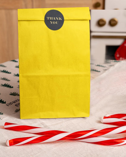 100 Pcs Bright YellowTreat Paper Bags with 100 Stickers 5.1"x3.1"x9.4" Small Party Gift Bag Snack Bag without Handle