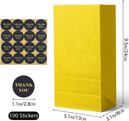 100 Pcs Bright YellowTreat Paper Bags with 100 Stickers 5.1"x3.1"x9.4" Small Party Gift Bag Snack Bag without Handle