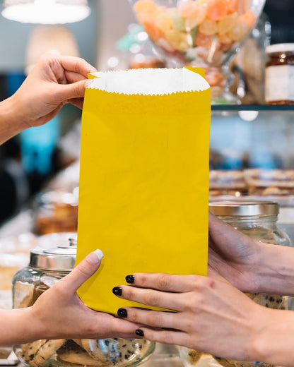 100 Pcs Bright YellowTreat Paper Bags with 100 Stickers 5.1"x3.1"x9.4" Small Party Gift Bag Snack Bag without Handle