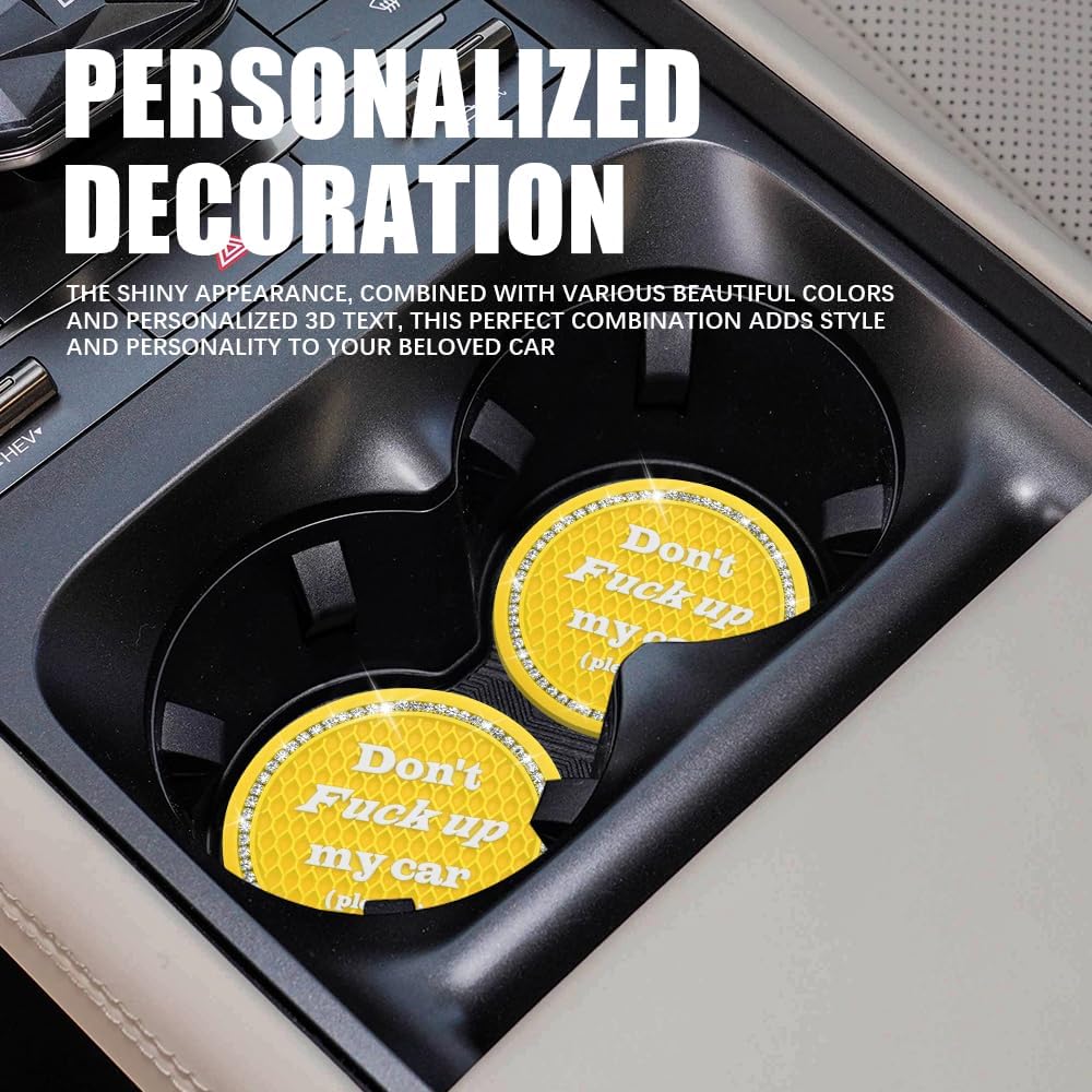 4PCS Bling Car Cup Holder Coaster, 2.75 Inch Anti-Slip Auto Insert Cup Coaster, Crystal Rhinestone Auto Drink Car Cup Mat for Women Girls, Universal Auto Interior Decor Accessories (Yellow)