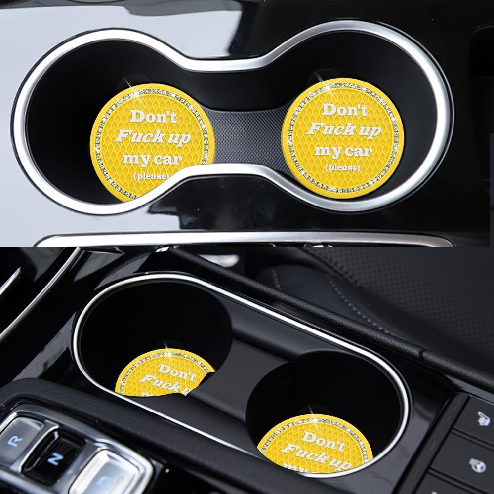 4PCS Bling Car Cup Holder Coaster, 2.75 Inch Anti-Slip Auto Insert Cup Coaster, Crystal Rhinestone Auto Drink Car Cup Mat for Women Girls, Universal Auto Interior Decor Accessories (Yellow)