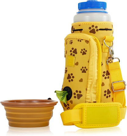 Water Bottle Carrier with Pocket for Dog Poop Waste Bags and Adjustable Padded Shoulder Strap (Tall & Large (40oz) with Bowl, Yellow, Paws & Hearts)