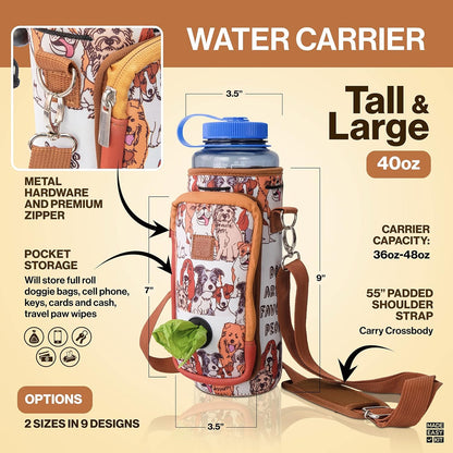 Water Bottle Carrier with Pocket for Dog Poop Waste Bags and Adjustable Padded Shoulder Strap (Tall & Large (40oz) with Bowl, Yellow, Paws & Hearts)