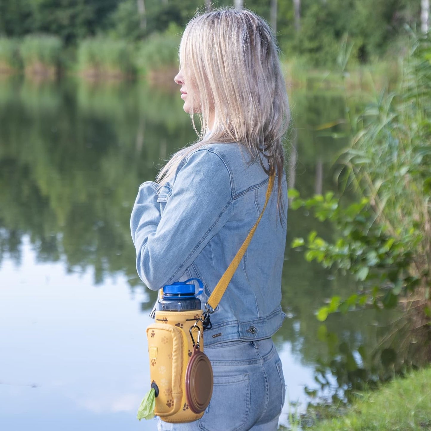 Water Bottle Carrier with Pocket for Dog Poop Waste Bags and Adjustable Padded Shoulder Strap (Tall & Large (40oz) with Bowl, Yellow, Paws & Hearts)