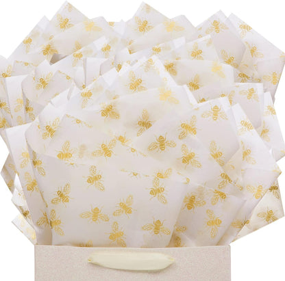 40 Sheets Large 26X20 Inch Metallic Gold Foil Honey Bee Gift Wrapping Tissue Paper Bulk, for Wedding Birthday Baby Shower Party Favor, Gift Bag Box Packaging, DIY