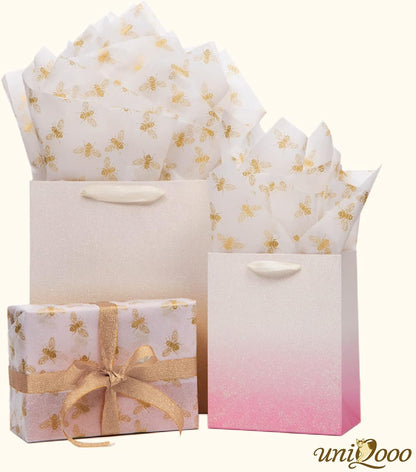 40 Sheets Large 26X20 Inch Metallic Gold Foil Honey Bee Gift Wrapping Tissue Paper Bulk, for Wedding Birthday Baby Shower Party Favor, Gift Bag Box Packaging, DIY
