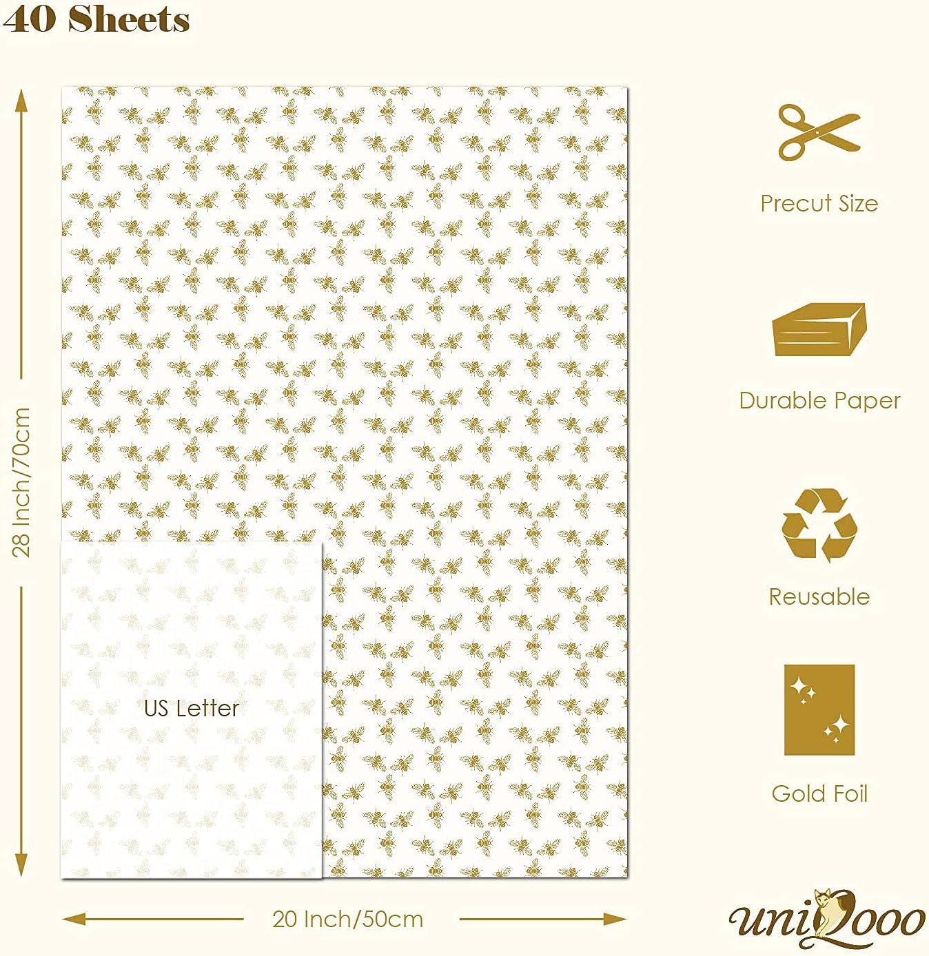 40 Sheets Large 26X20 Inch Metallic Gold Foil Honey Bee Gift Wrapping Tissue Paper Bulk, for Wedding Birthday Baby Shower Party Favor, Gift Bag Box Packaging, DIY