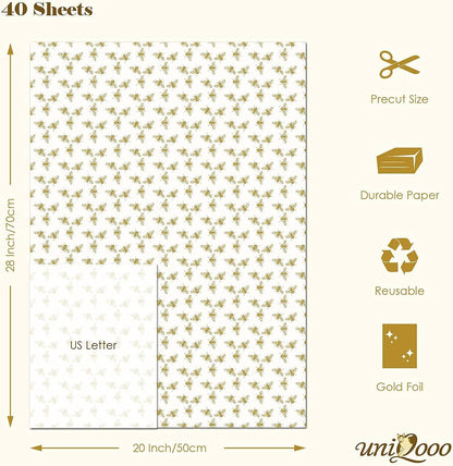 40 Sheets Large 26X20 Inch Metallic Gold Foil Honey Bee Gift Wrapping Tissue Paper Bulk, for Wedding Birthday Baby Shower Party Favor, Gift Bag Box Packaging, DIY
