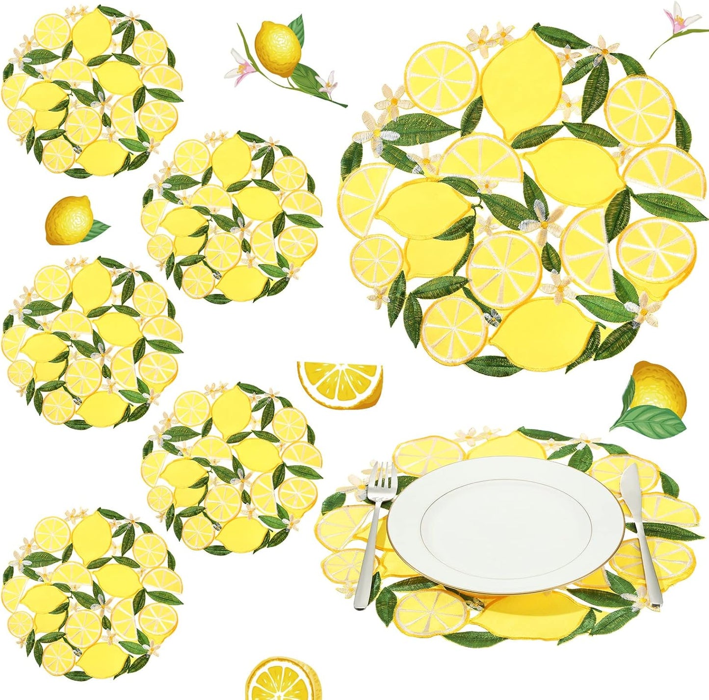 6 Pcs Spring Summer Embroidered Lemon Placemats 14'' Lemon Floral Cutwork Round Placemats Doilies Washable Placemats for Home Dinning Kitchen Wedding Restaurant Buffet Limoncello Party Decorations