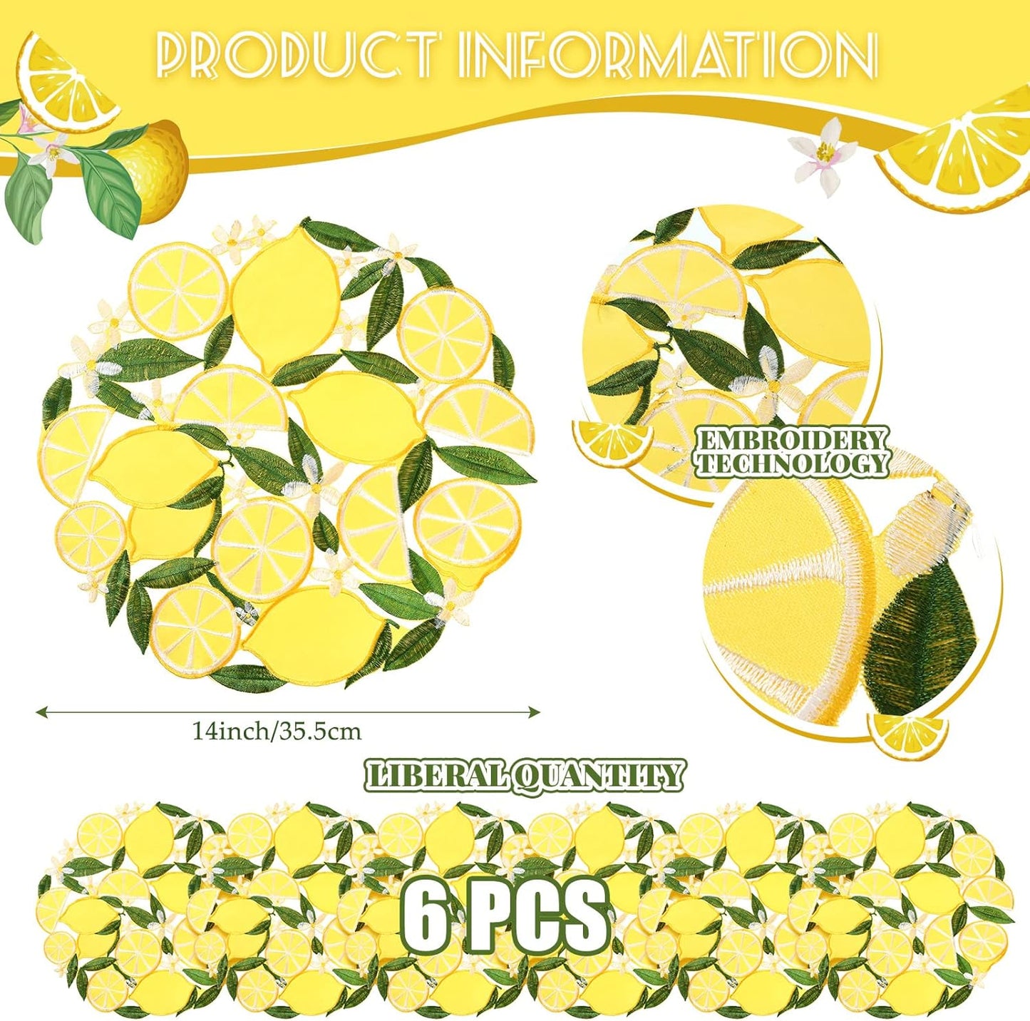 6 Pcs Spring Summer Embroidered Lemon Placemats 14'' Lemon Floral Cutwork Round Placemats Doilies Washable Placemats for Home Dinning Kitchen Wedding Restaurant Buffet Limoncello Party Decorations