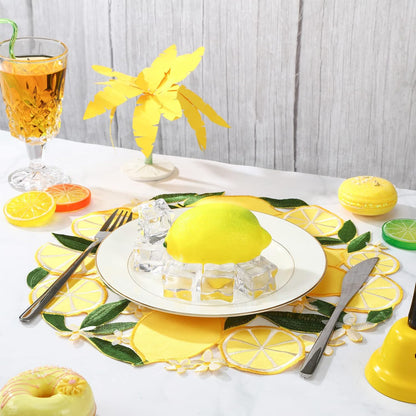 6 Pcs Spring Summer Embroidered Lemon Placemats 14'' Lemon Floral Cutwork Round Placemats Doilies Washable Placemats for Home Dinning Kitchen Wedding Restaurant Buffet Limoncello Party Decorations