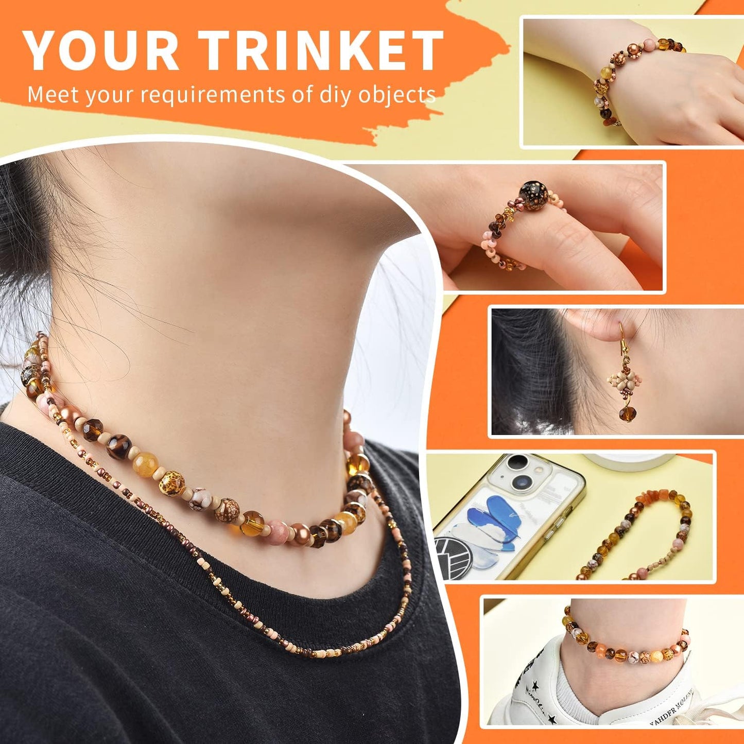 Yellow Glass Beads for Bracelet kit, 900pcs Crystal Beads for Jewelry Making Include 8mm Round Assorted Beads with Bicone/and Seed Beads for Craft, Necklace, Earring and Phone Chain