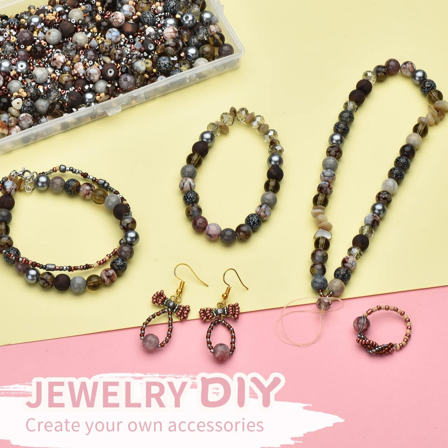 Yellow Glass Beads for Bracelet kit, 900pcs Crystal Beads for Jewelry Making Include 8mm Round Assorted Beads with Bicone/and Seed Beads for Craft, Necklace, Earring and Phone Chain