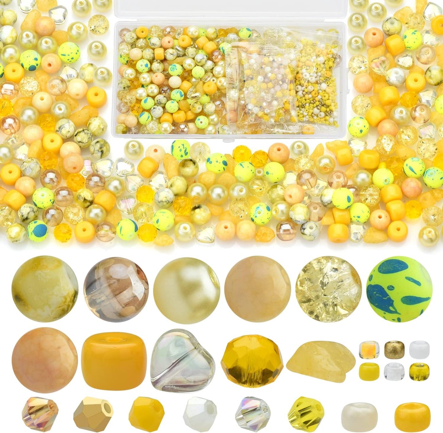 Yellow Glass Beads for Bracelet kit, 900pcs Crystal Beads for Jewelry Making Include 8mm Round Assorted Beads with Bicone/and Seed Beads for Craft, Necklace, Earring and Phone Chain
