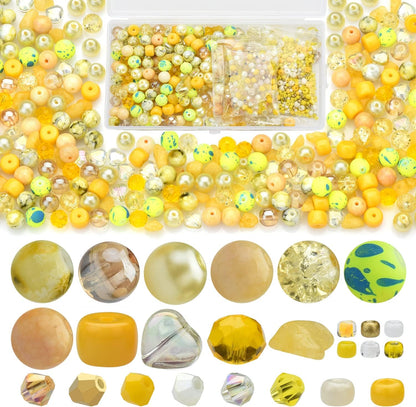 Yellow Glass Beads for Bracelet kit, 900pcs Crystal Beads for Jewelry Making Include 8mm Round Assorted Beads with Bicone/and Seed Beads for Craft, Necklace, Earring and Phone Chain