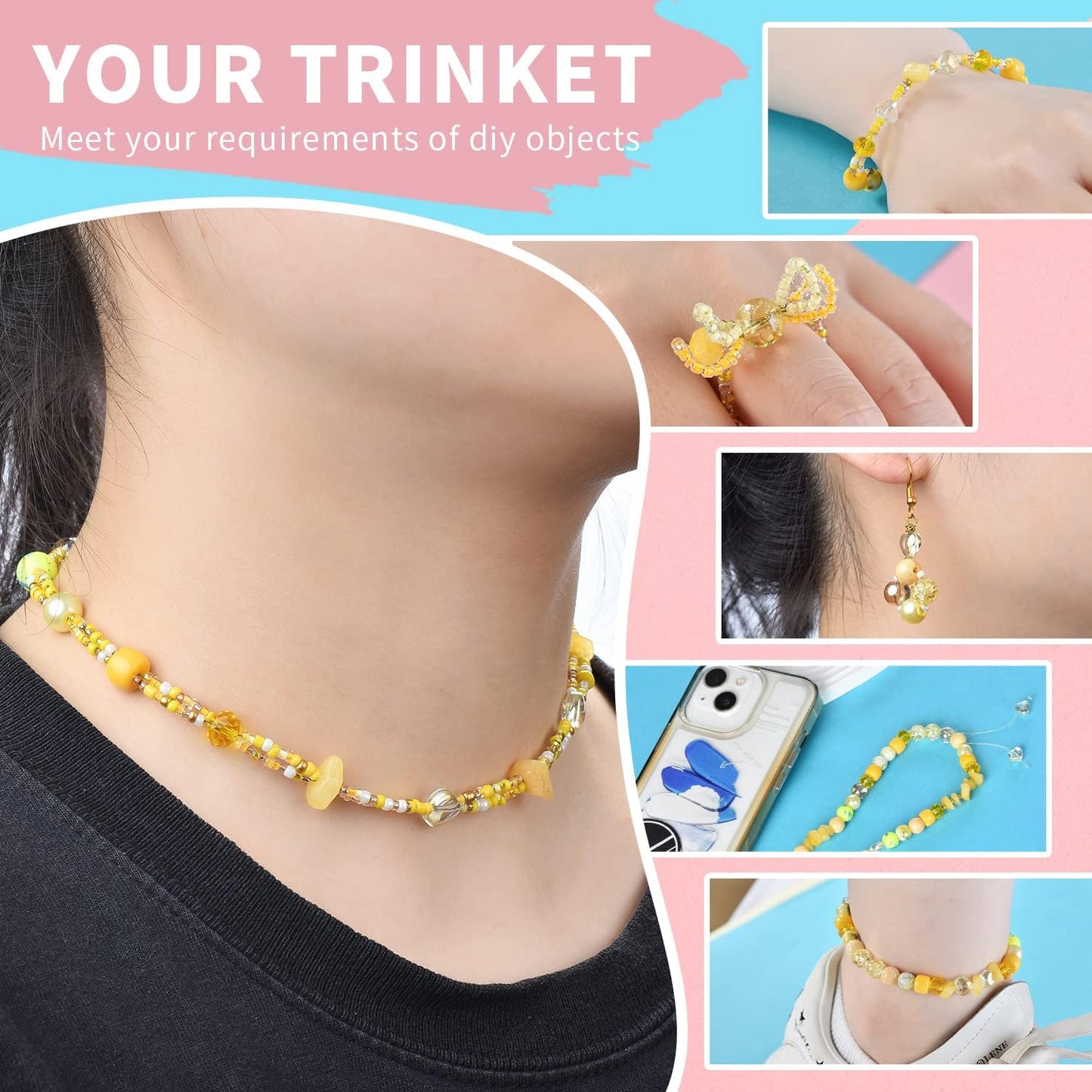Yellow Glass Beads for Bracelet kit, 900pcs Crystal Beads for Jewelry Making Include 8mm Round Assorted Beads with Bicone/and Seed Beads for Craft, Necklace, Earring and Phone Chain