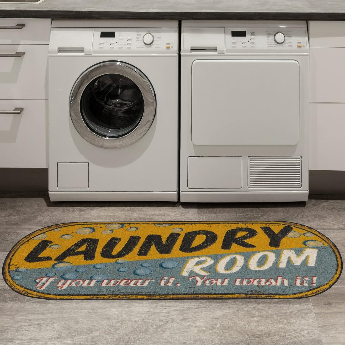 20" x 59" Oval Laundry Room Rug - Non-Slip Mat for Laundry & Mudroom - Durable, Stain-Resistant, and Easy to Clean - Perfect for High-Traffic Areas - Runner Rug for Entryway, Yellow/Gray