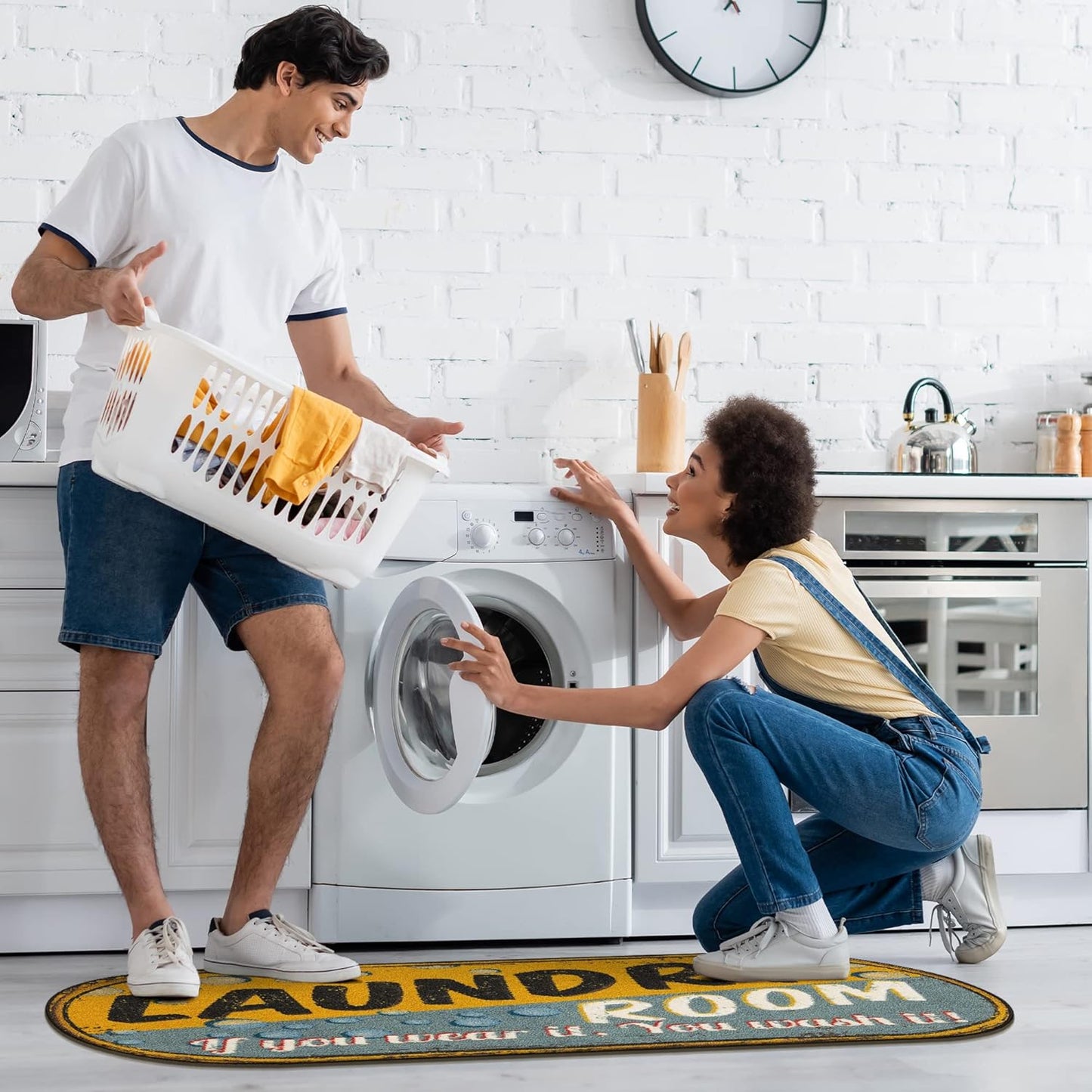 20" x 59" Oval Laundry Room Rug - Non-Slip Mat for Laundry & Mudroom - Durable, Stain-Resistant, and Easy to Clean - Perfect for High-Traffic Areas - Runner Rug for Entryway, Yellow/Gray