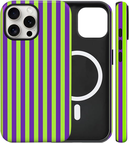 Magnetic for iPhone 15 Pro Max Dopamine Stripes Phone Case Lemon Purple | Cute Striped Shockproof Slim TPU and Hard PC Protective Phone Cover Compatible with MagSafe Designed for Women Girls
