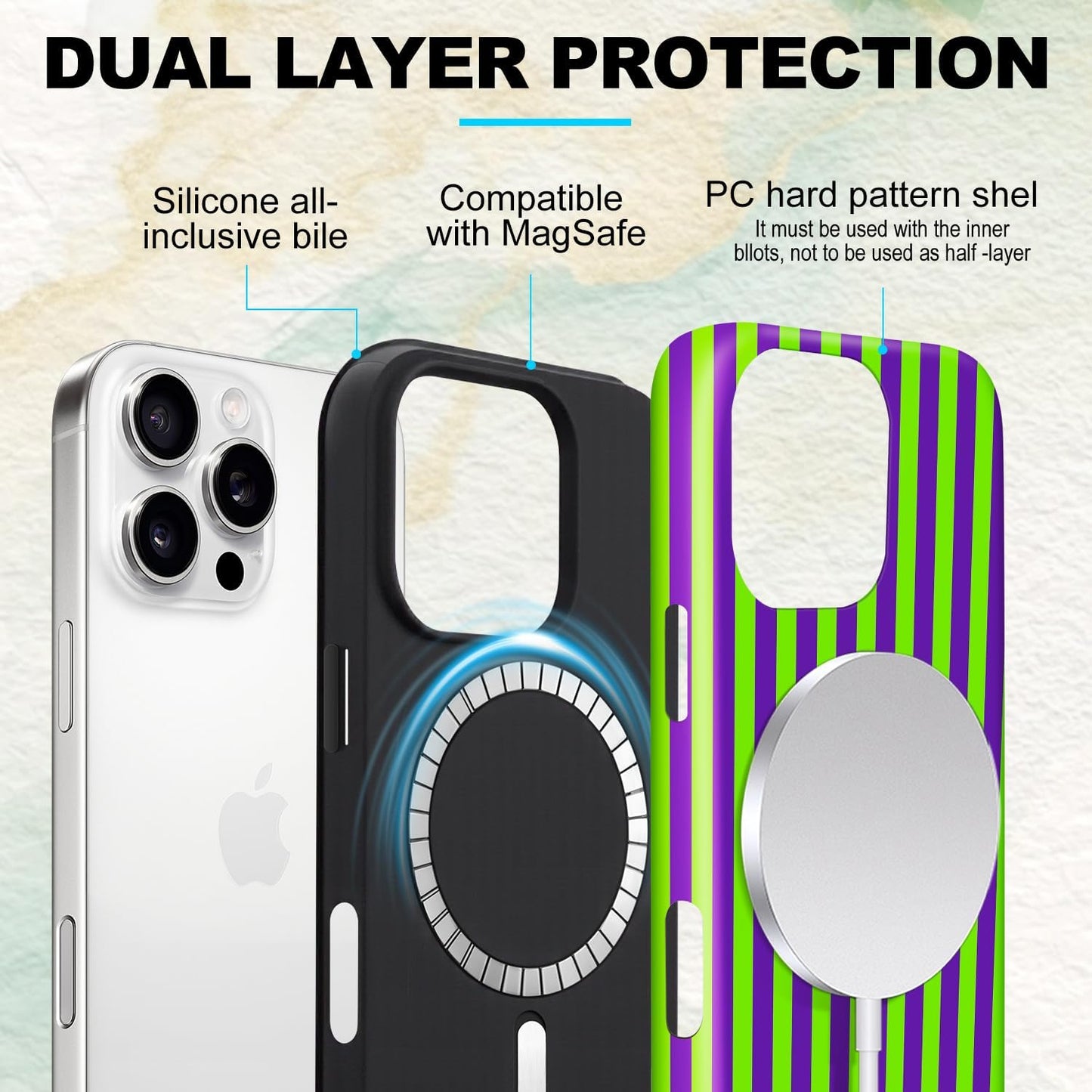 Magnetic for iPhone 15 Pro Max Dopamine Stripes Phone Case Lemon Purple | Cute Striped Shockproof Slim TPU and Hard PC Protective Phone Cover Compatible with MagSafe Designed for Women Girls