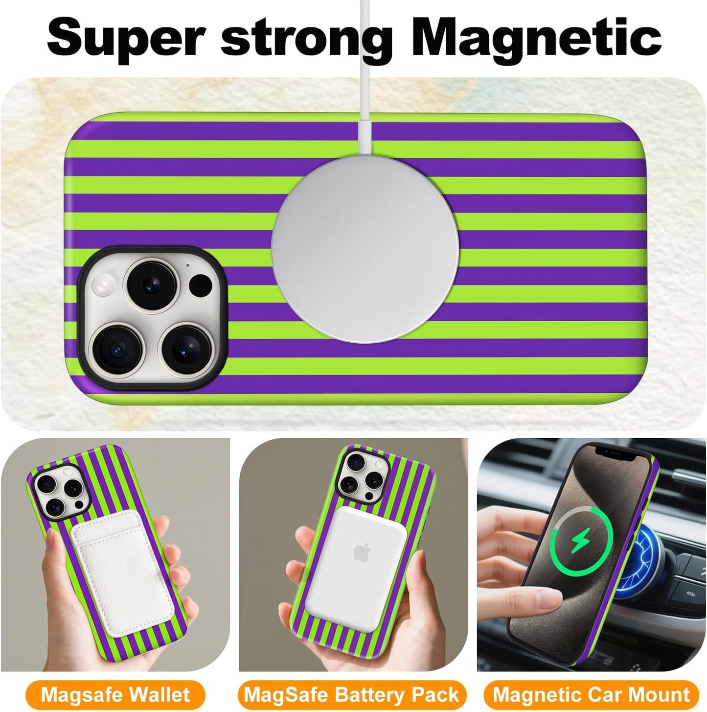 Magnetic for iPhone 15 Pro Max Dopamine Stripes Phone Case Lemon Purple | Cute Striped Shockproof Slim TPU and Hard PC Protective Phone Cover Compatible with MagSafe Designed for Women Girls