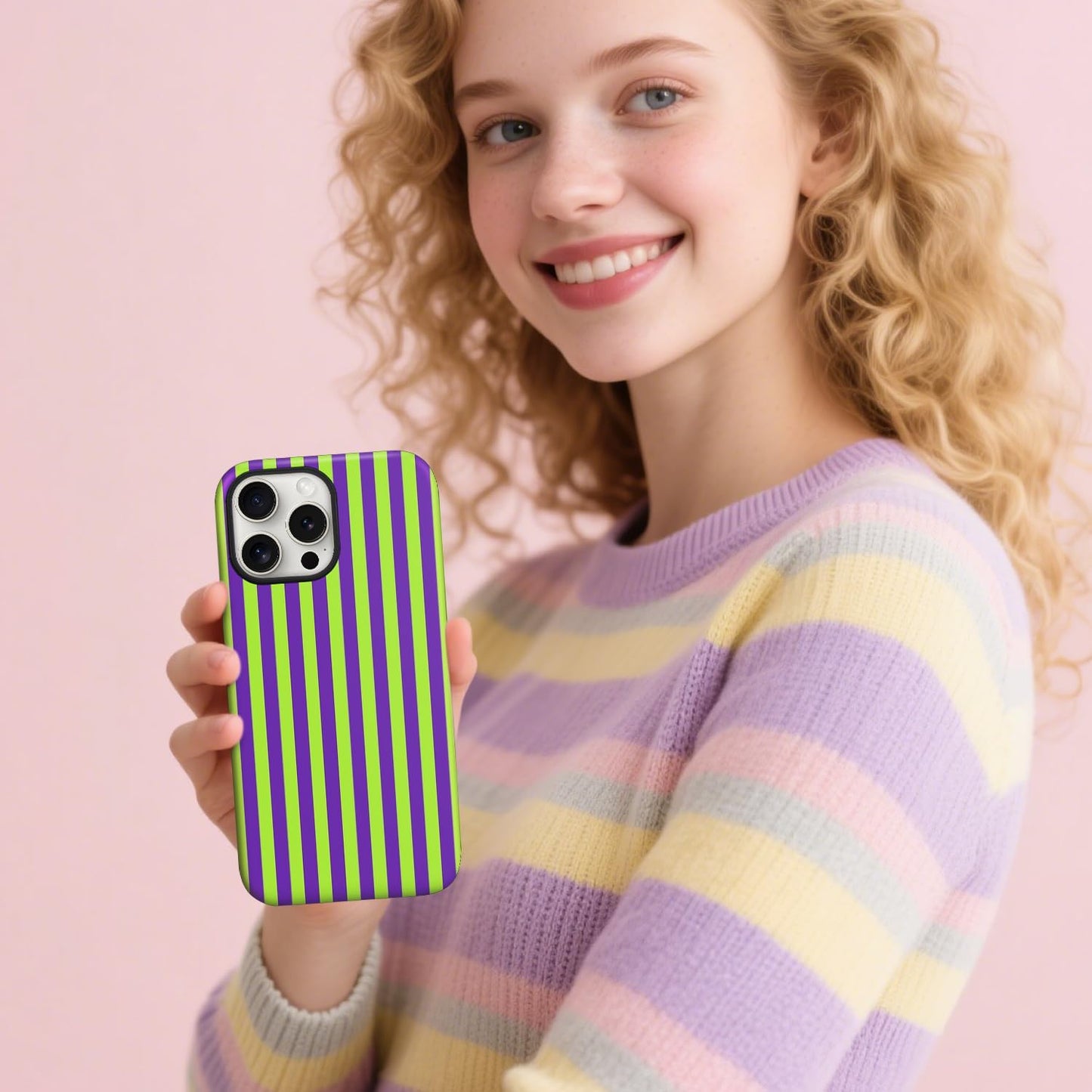 Magnetic for iPhone 15 Pro Max Dopamine Stripes Phone Case Lemon Purple | Cute Striped Shockproof Slim TPU and Hard PC Protective Phone Cover Compatible with MagSafe Designed for Women Girls