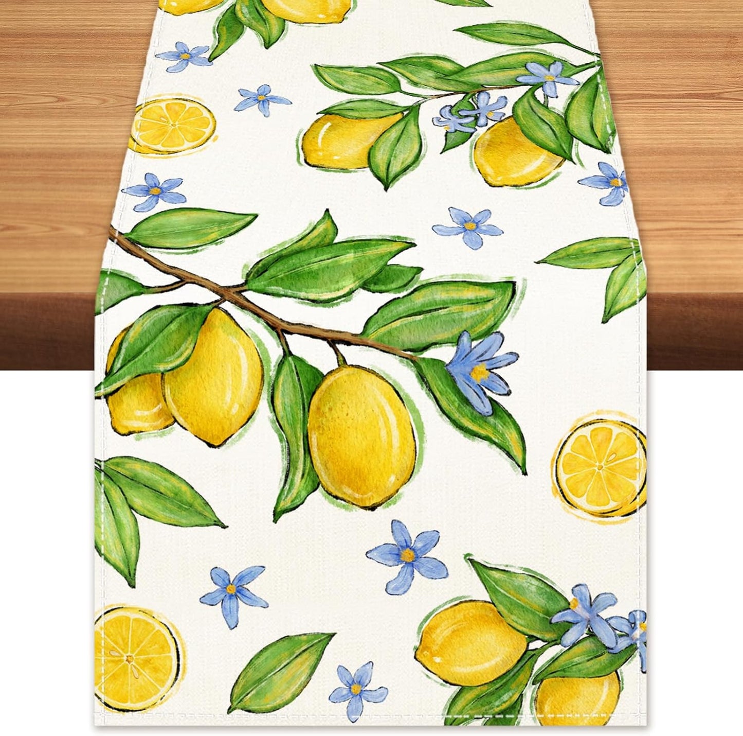 Summer Amalfi Coast Lemon Fruit Table Runner Green Leaves Burlap Table Runners, Blue Floral Seasonal Coffee Table Center Decor for Home Kitchen Dining Party Indoor Outdoor 13x108 Inch