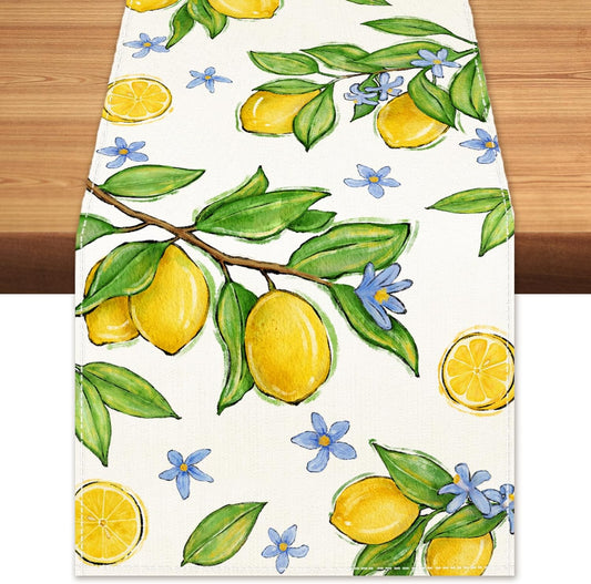 Summer Amalfi Coast Lemon Fruit Table Runner Green Leaves Burlap Table Runners, Blue Floral Seasonal Coffee Table Center Decor for Home Kitchen Dining Party Indoor Outdoor 13x108 Inch